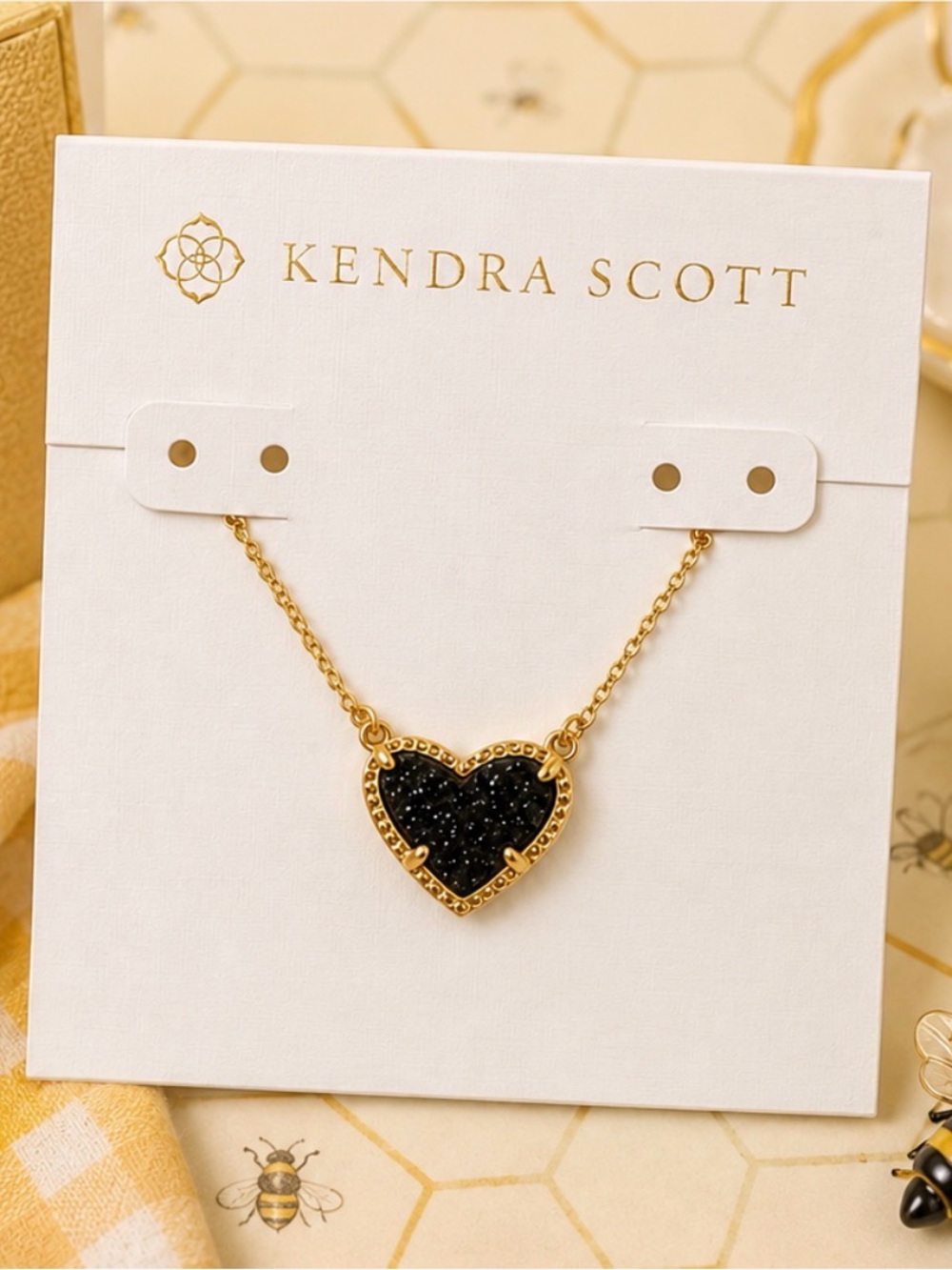 Kendra Scott Gold Necklace with Black Heart Druzy Pendant